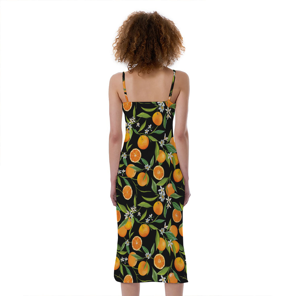 Orange Fruit Pattern Print Slim Fit Midi Cami Dress