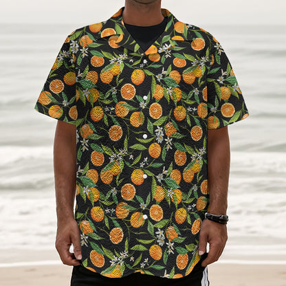 Orange Fruit Pattern Print Textured Short Sleeve Shirt