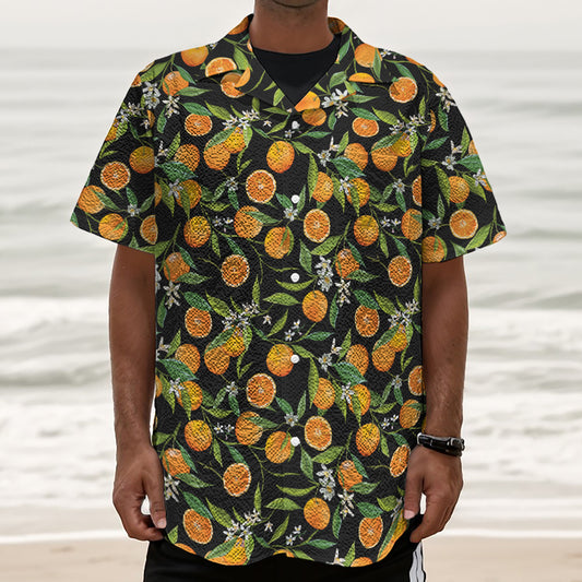 Orange Fruit Pattern Print Textured Short Sleeve Shirt