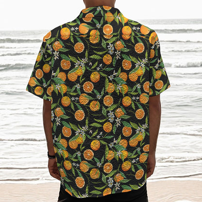 Orange Fruit Pattern Print Textured Short Sleeve Shirt