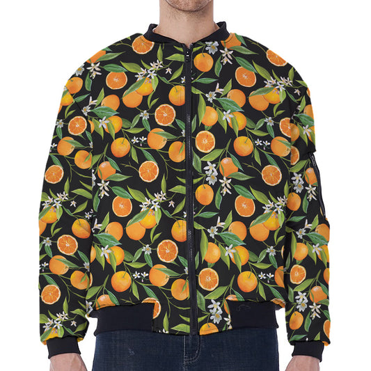 Orange Fruit Pattern Print Zip Sleeve Bomber Jacket