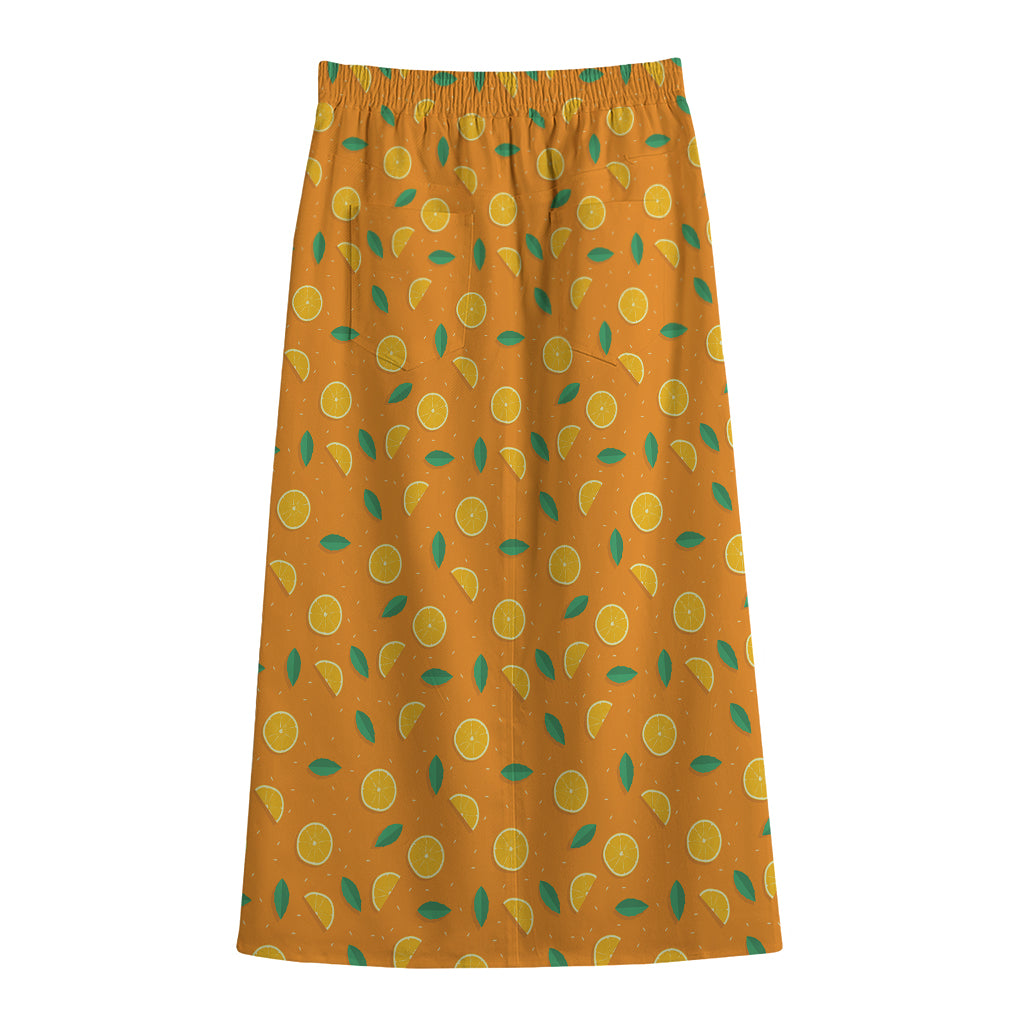 Orange Fruit Slices Pattern Print Cotton Front Slit Maxi Skirt