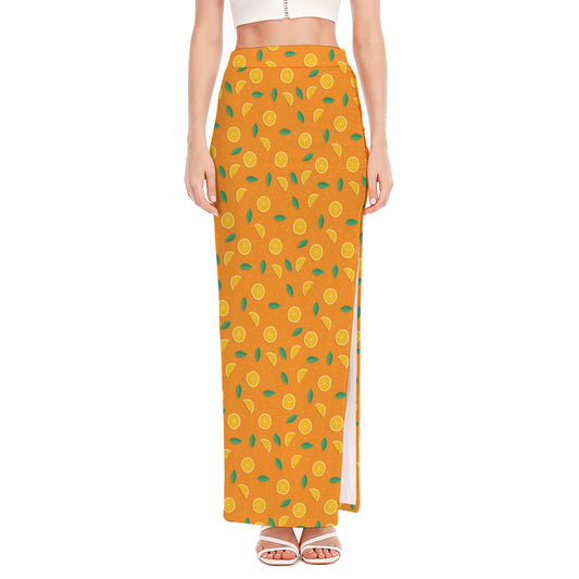 Orange Fruit Slices Pattern Print High Slit Maxi Skirt