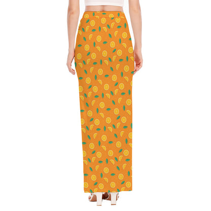 Orange Fruit Slices Pattern Print High Slit Maxi Skirt