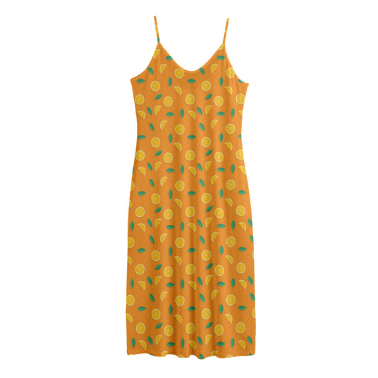 Orange Fruit Slices Pattern Print Jersey Midi Cami Dress