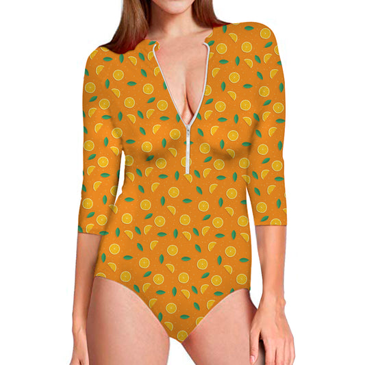 Orange Fruit Slices Pattern Print Long Sleeve Swimsuit
