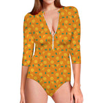 Orange Fruit Slices Pattern Print Long Sleeve Swimsuit