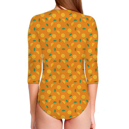 Orange Fruit Slices Pattern Print Long Sleeve Swimsuit