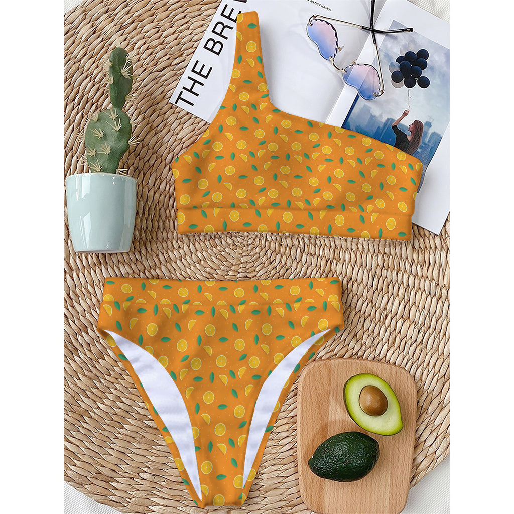 Orange Fruit Slices Pattern Print One Shoulder Bikini Top