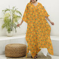 Orange Fruit Slices Pattern Print Silk V-Neck Kaftan Dress