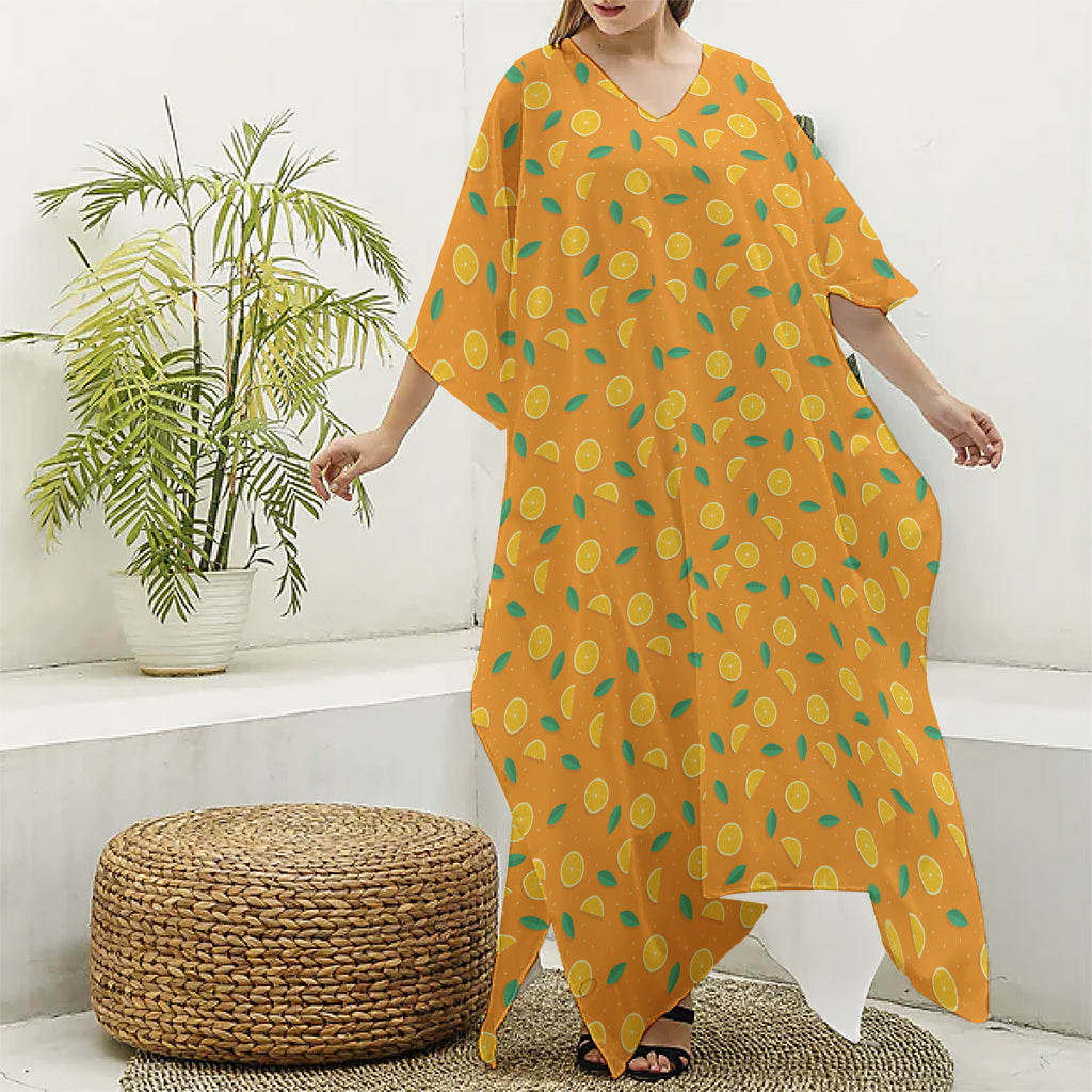 Orange Fruit Slices Pattern Print Silk V-Neck Kaftan Dress