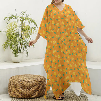 Orange Fruit Slices Pattern Print Silk V-Neck Kaftan Dress