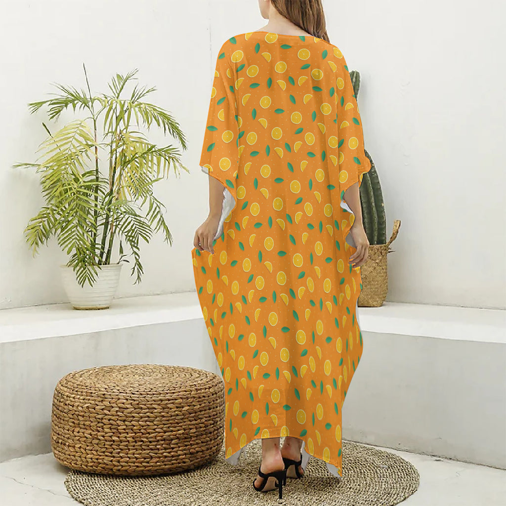 Orange Fruit Slices Pattern Print Silk V-Neck Kaftan Dress