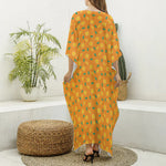 Orange Fruit Slices Pattern Print Silk V-Neck Kaftan Dress