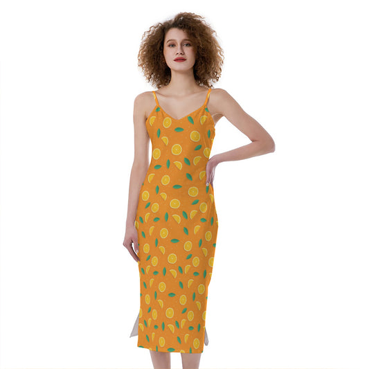 Orange Fruit Slices Pattern Print Slim Fit Midi Cami Dress
