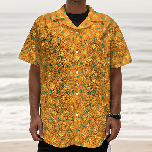 Orange Fruit Slices Pattern Print Textured Short Sleeve Shirt