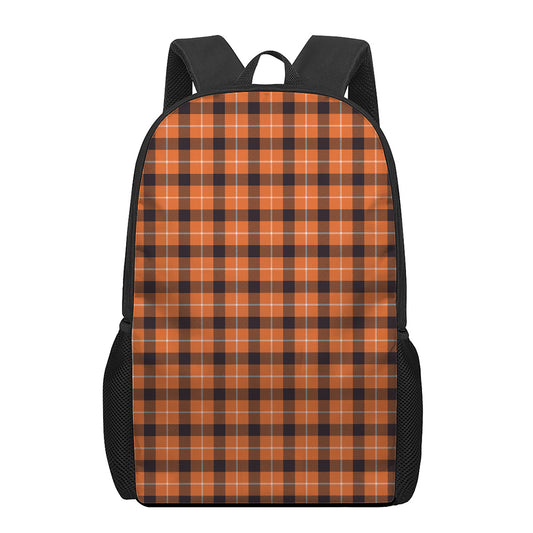 Orange Grey And White Plaid Print 17 Inch Backpack