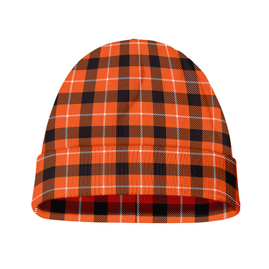 Orange Grey And White Plaid Print Beanie