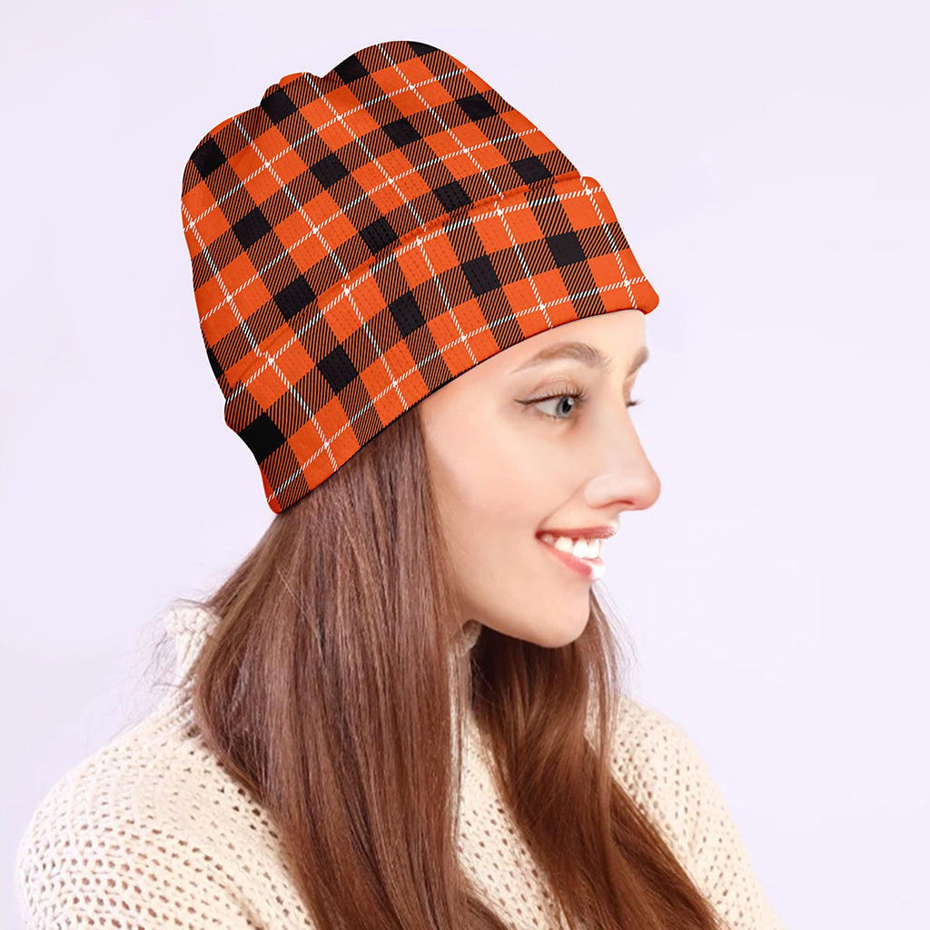 Orange Grey And White Plaid Print Beanie