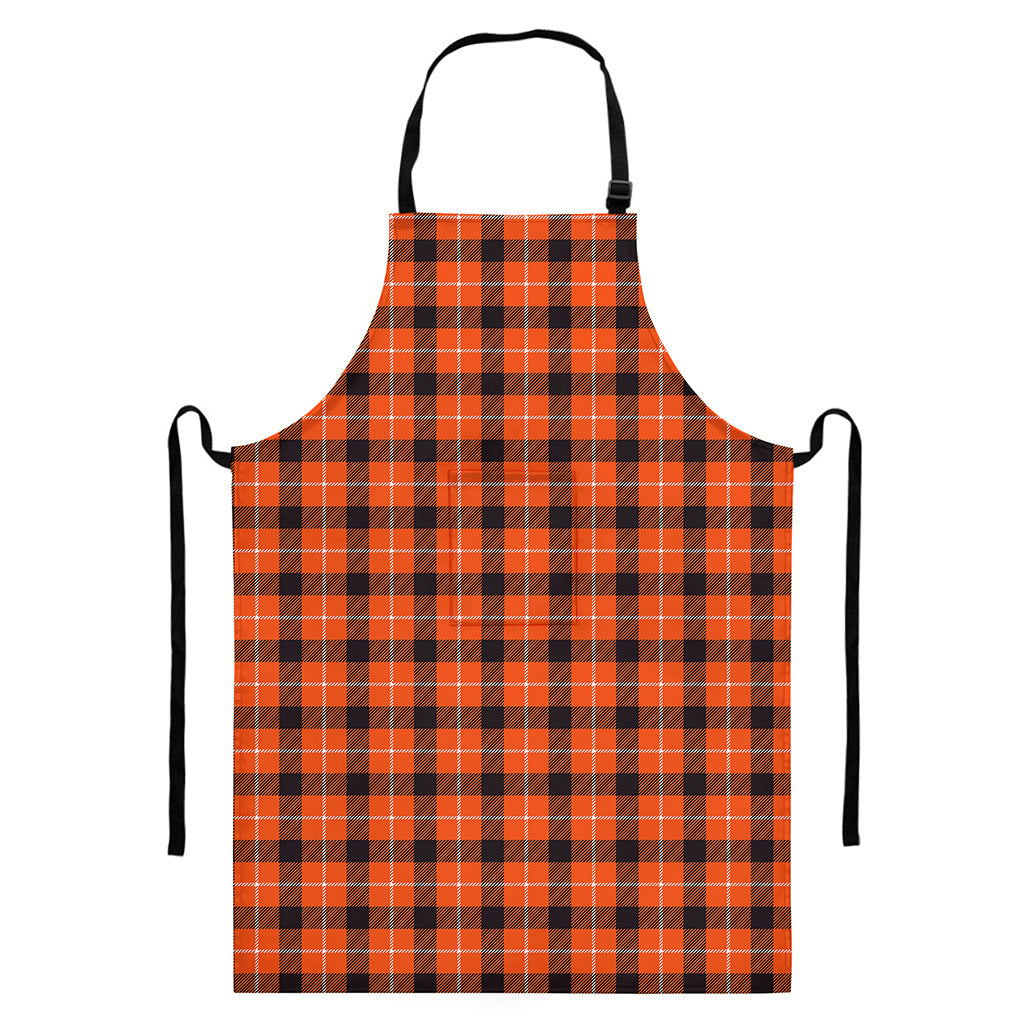 Orange Grey And White Plaid Print Bib Apron With Pocket