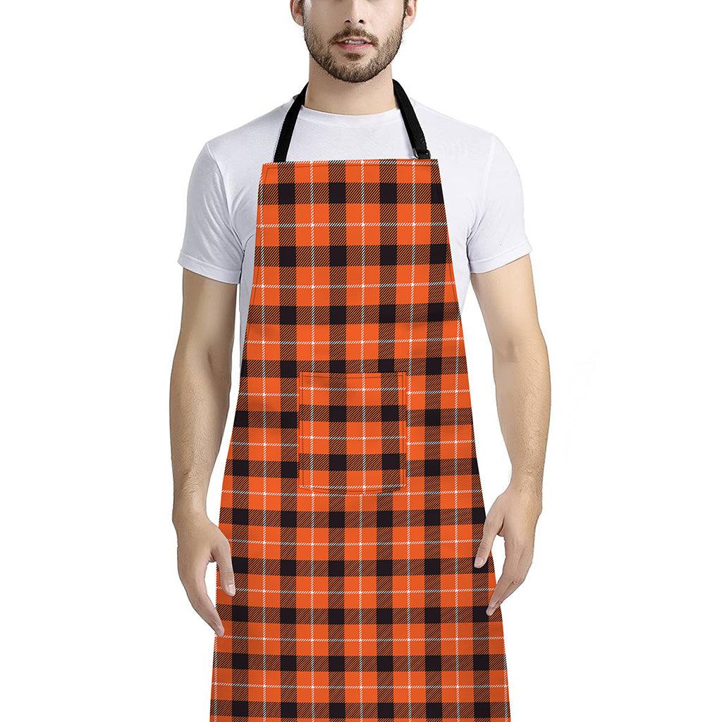 Orange Grey And White Plaid Print Bib Apron With Pocket
