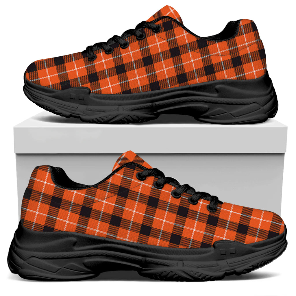 Orange Grey And White Plaid Print Black Chunky Shoes