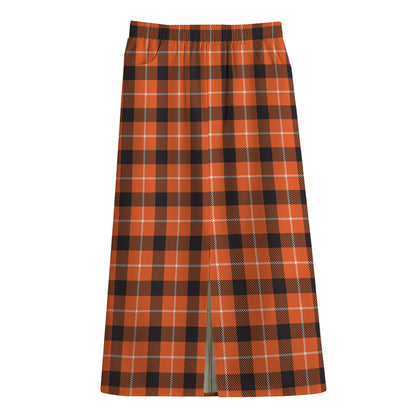 Orange Grey And White Plaid Print Cotton Front Slit Maxi Skirt