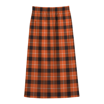 Orange Grey And White Plaid Print Cotton Front Slit Maxi Skirt