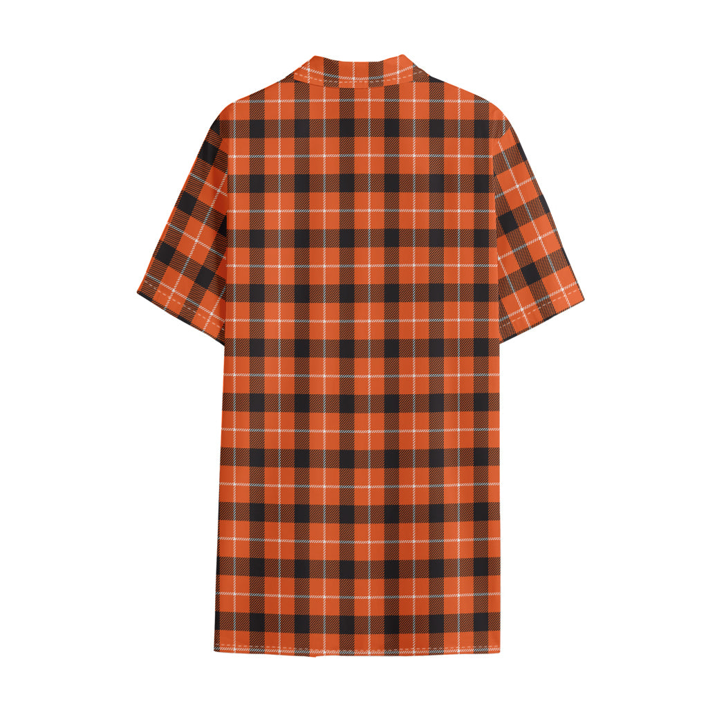 Orange Grey And White Plaid Print Cotton Hawaiian Shirt