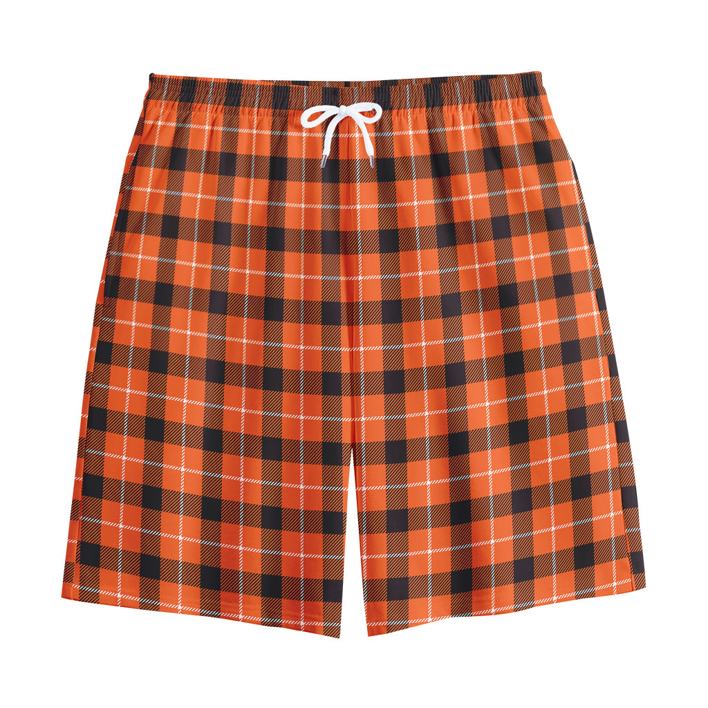 Orange Grey And White Plaid Print Cotton Shorts