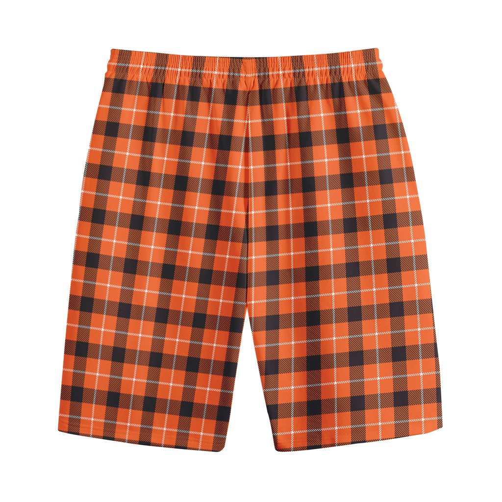 Orange Grey And White Plaid Print Cotton Shorts
