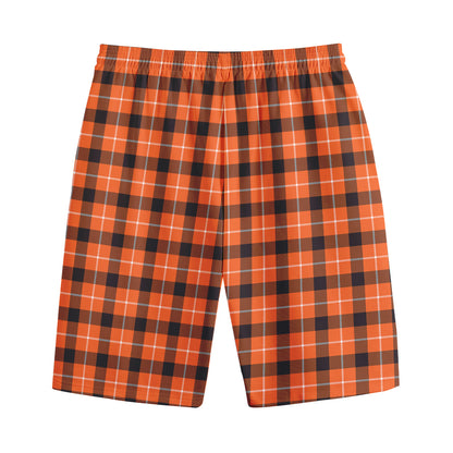 Orange Grey And White Plaid Print Cotton Shorts