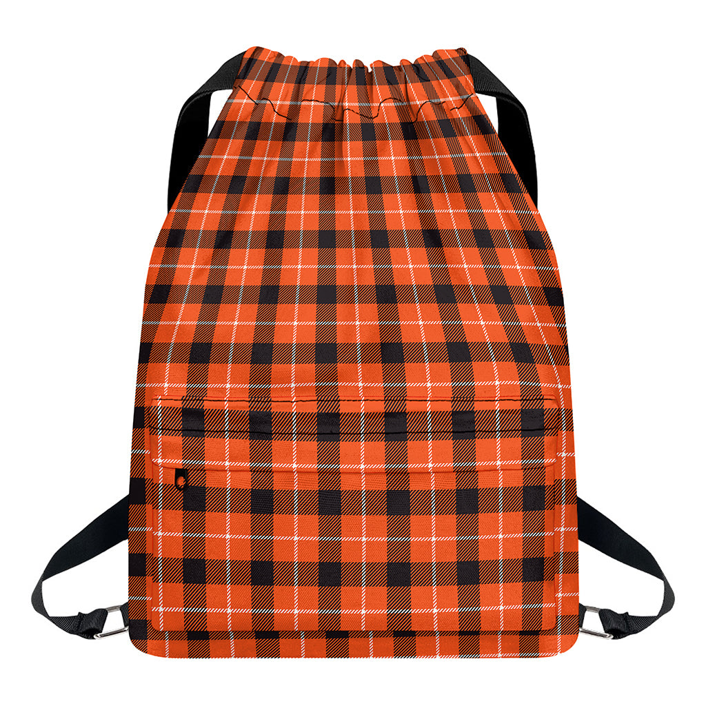 Orange Grey And White Plaid Print Drawstring Backpack