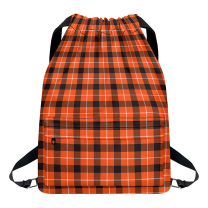 Orange Grey And White Plaid Print Drawstring Backpack