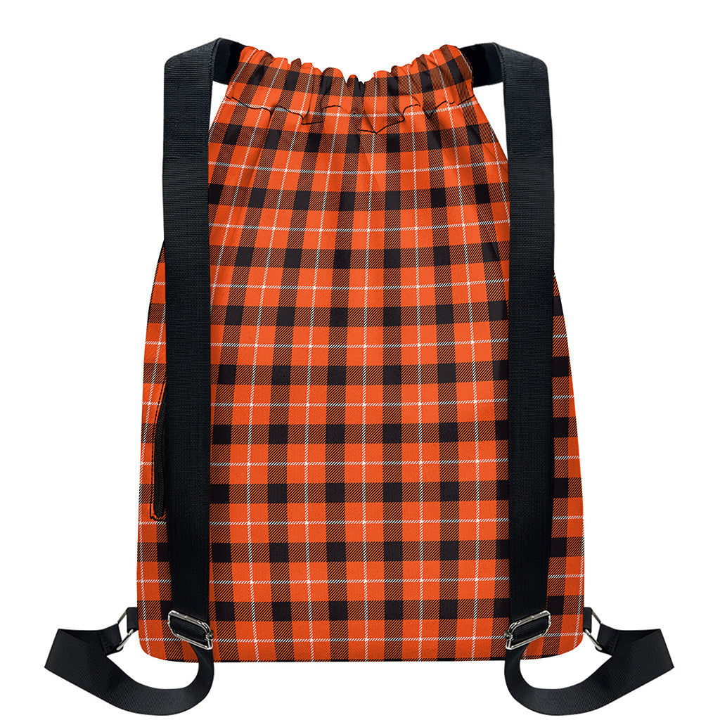Orange Grey And White Plaid Print Drawstring Backpack