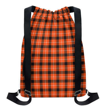 Orange Grey And White Plaid Print Drawstring Backpack