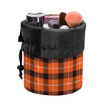 Orange Grey And White Plaid Print Drawstring Makeup Bag