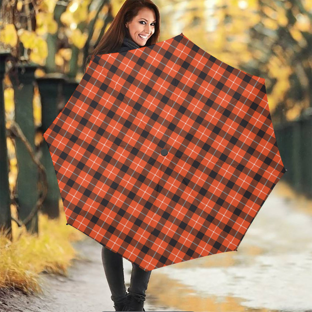Orange Grey And White Plaid Print Foldable Umbrella