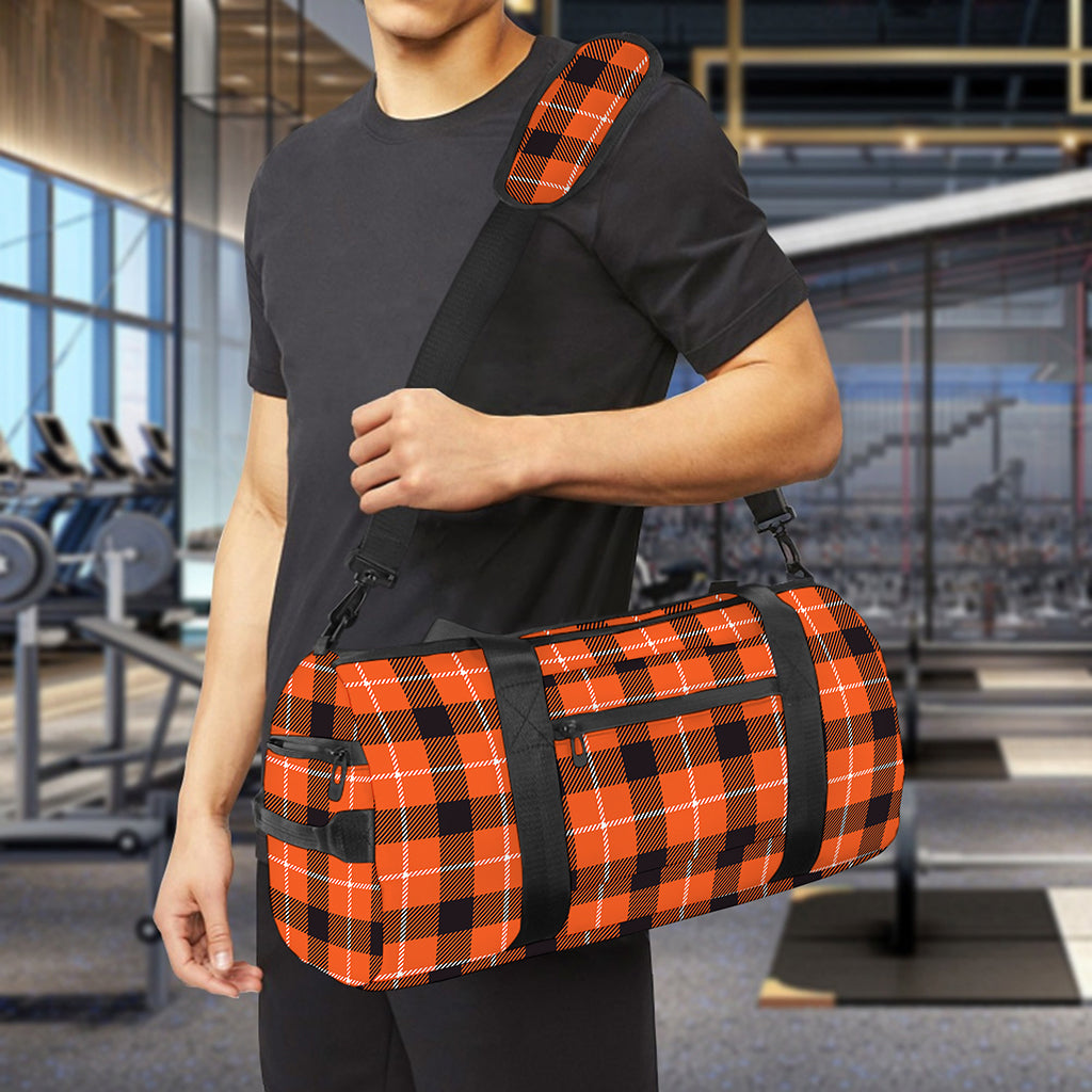 Orange Grey And White Plaid Print Gym Bag