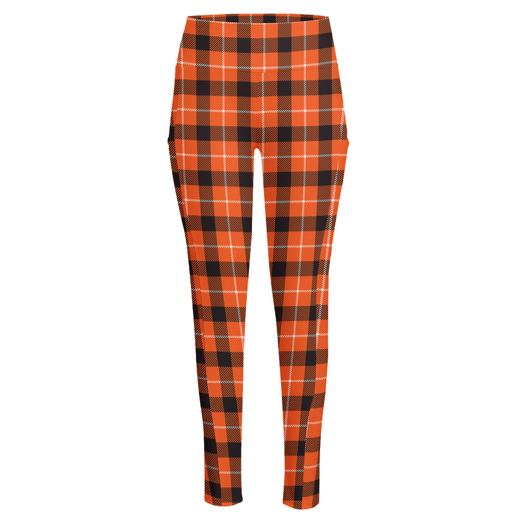 Orange Grey And White Plaid Print High-Waisted Pocket Leggings