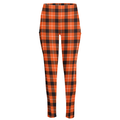 Orange Grey And White Plaid Print High-Waisted Pocket Leggings