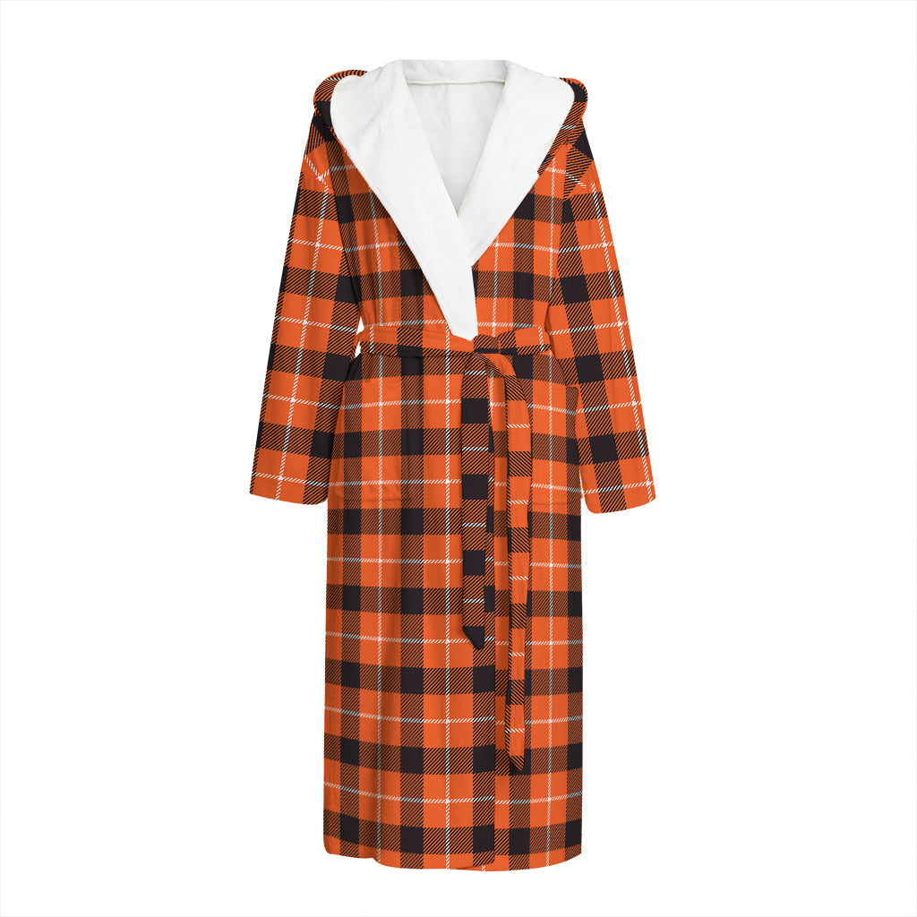 Orange Grey And White Plaid Print Hooded Bathrobe