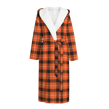 Orange Grey And White Plaid Print Hooded Bathrobe