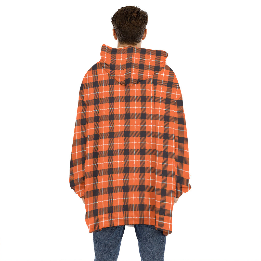 Orange Grey And White Plaid Print Hoodie Blanket