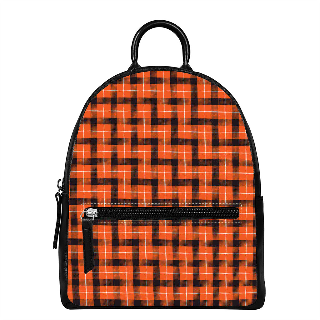 Orange Grey And White Plaid Print Leather Backpack