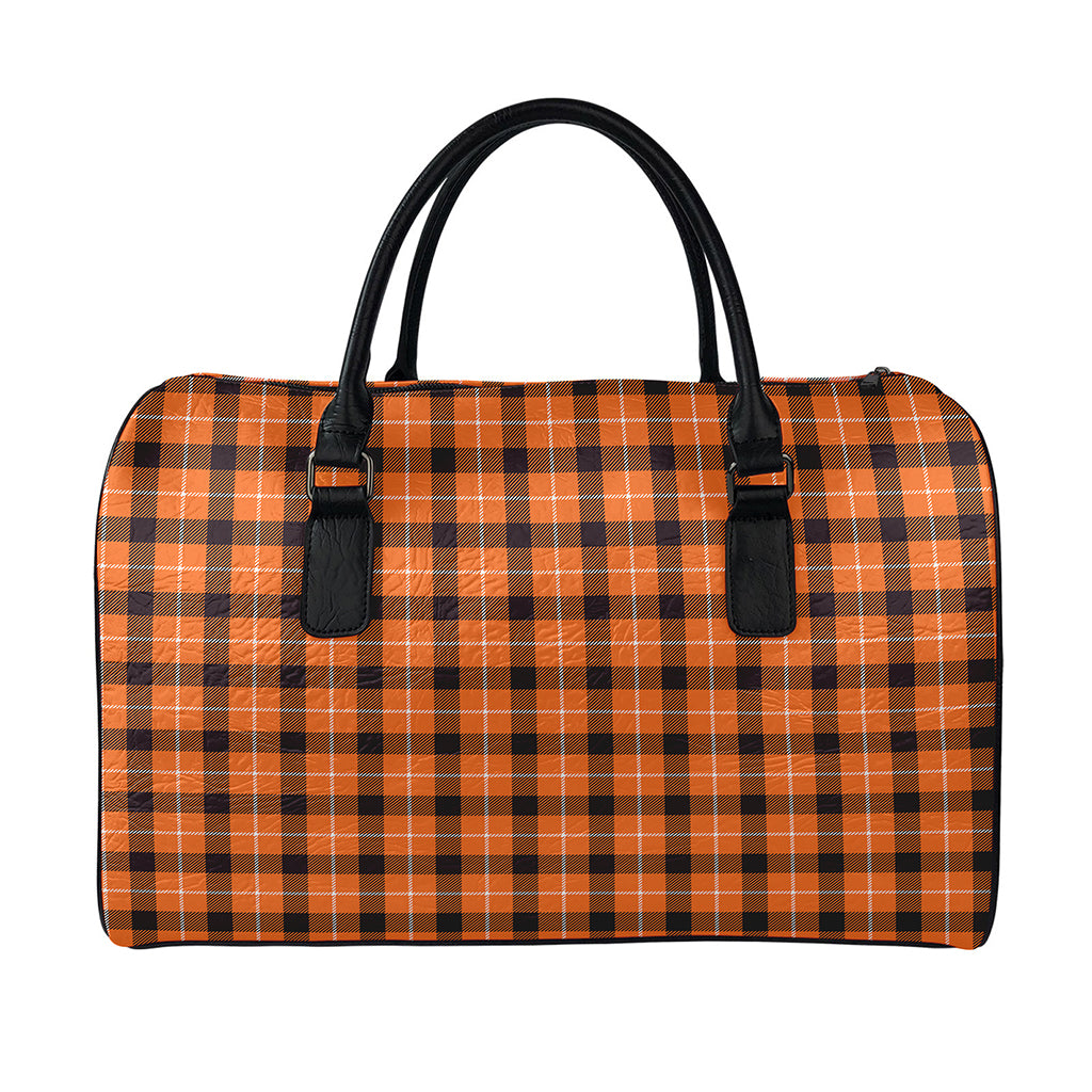 Orange Grey And White Plaid Print Leather Duffle Bag