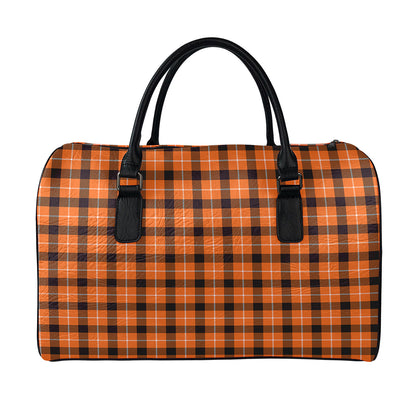 Orange Grey And White Plaid Print Leather Duffle Bag