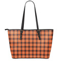 Orange Grey And White Plaid Print Leather Tote Bag With Zipper