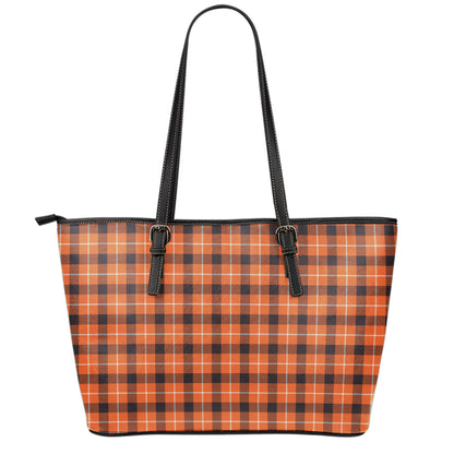 Orange Grey And White Plaid Print Leather Tote Bag