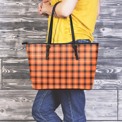Orange Grey And White Plaid Print Leather Tote Bag